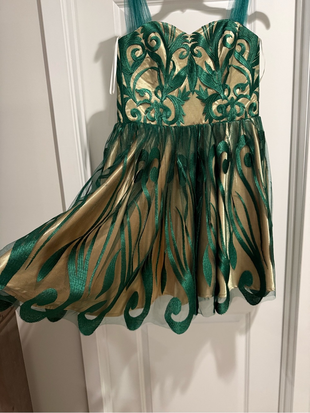 Green and Gold Embroidered Strapless Mini Dress